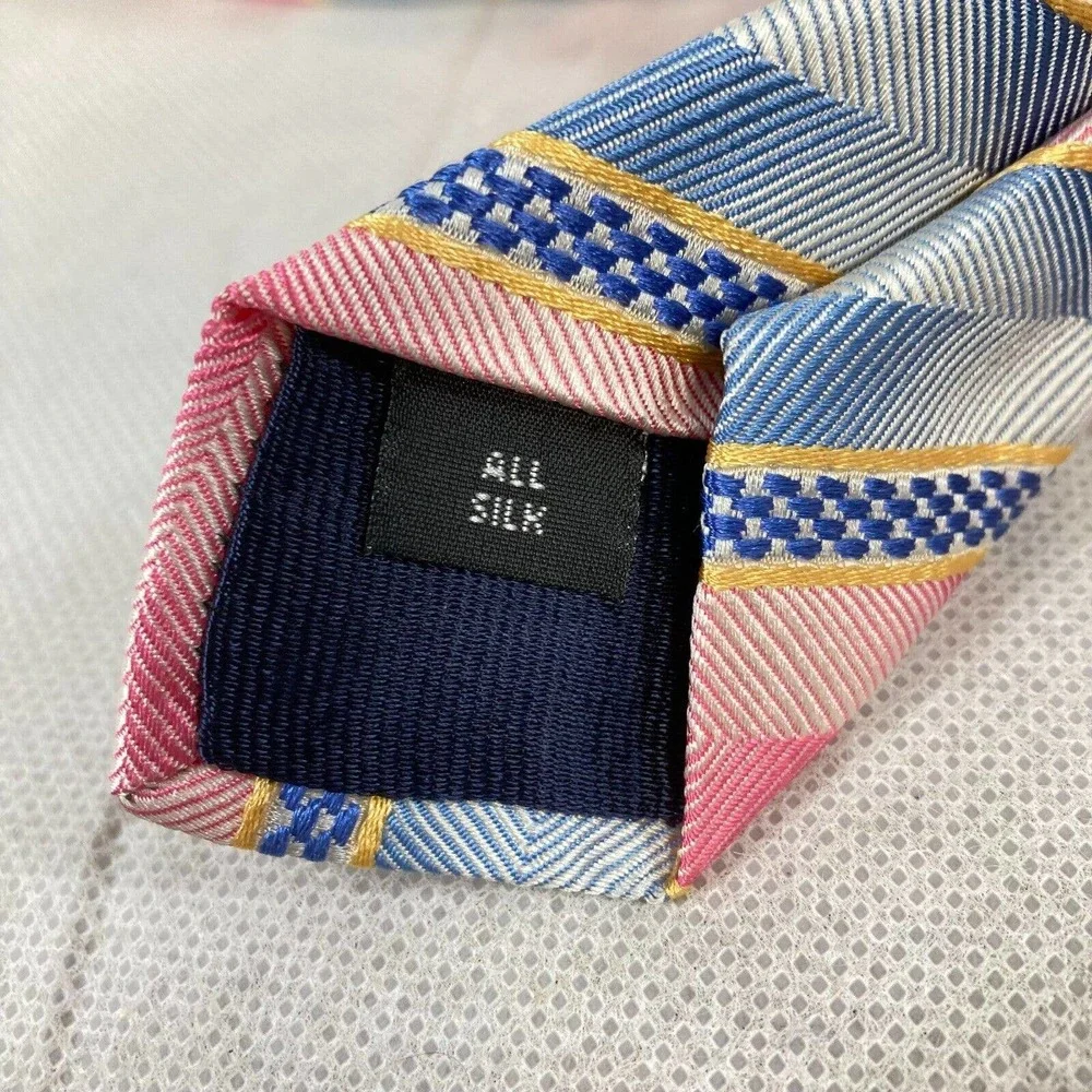 Holland & Sherry‎ Tie Mens Blue Pink Striped Pointed Tie 100% Silk